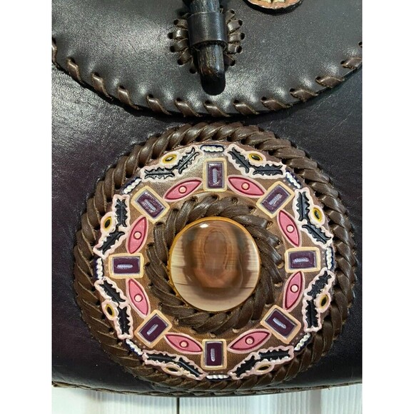 Miguel Rios La Luna Loca Handmade Leather Bag with Mandala Stone Mexico EUC - Picture 5 of 12
